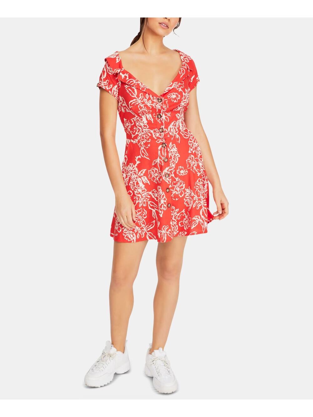 Free People Red Floral Linen Blend Dress Womens 0 Mini Midi Button Front Boho